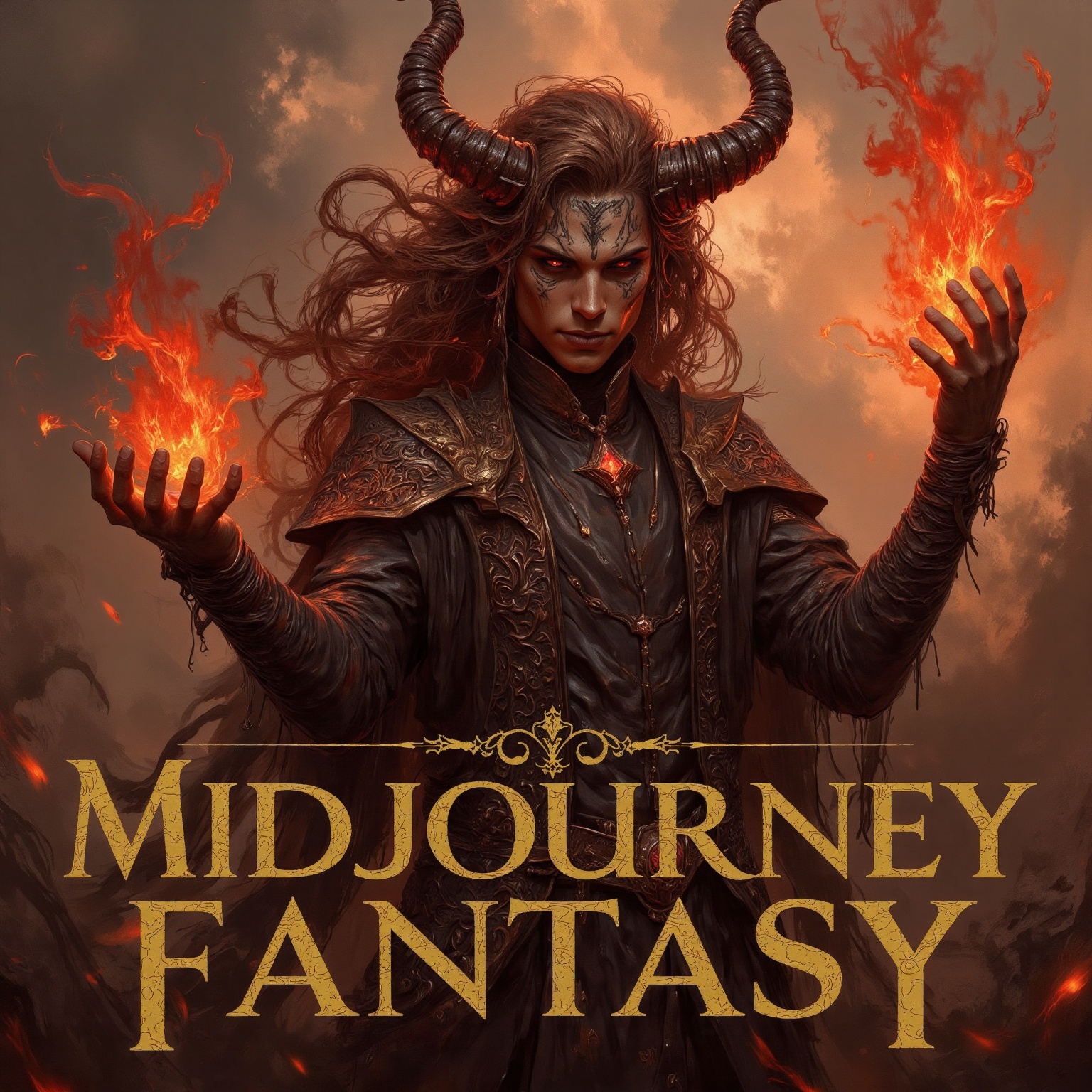The image depicts a fantasy character with long,  flowing hair and intricate,  red-toned horns. The character's face is ad...