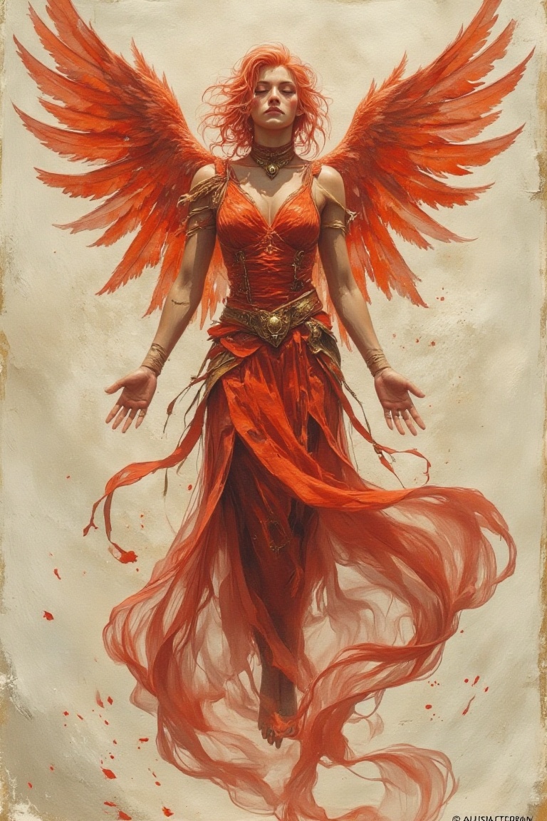 bird girl with red wing,  floating in the air on Tensor.Art