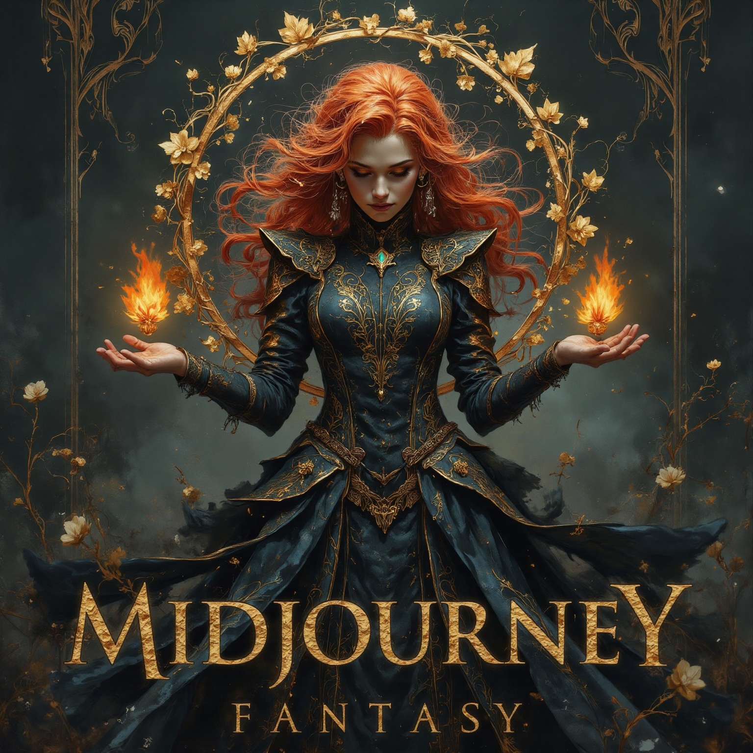 The image depicts a woman with long,  flowing red hair,  wearing a dark on Tensor.Art