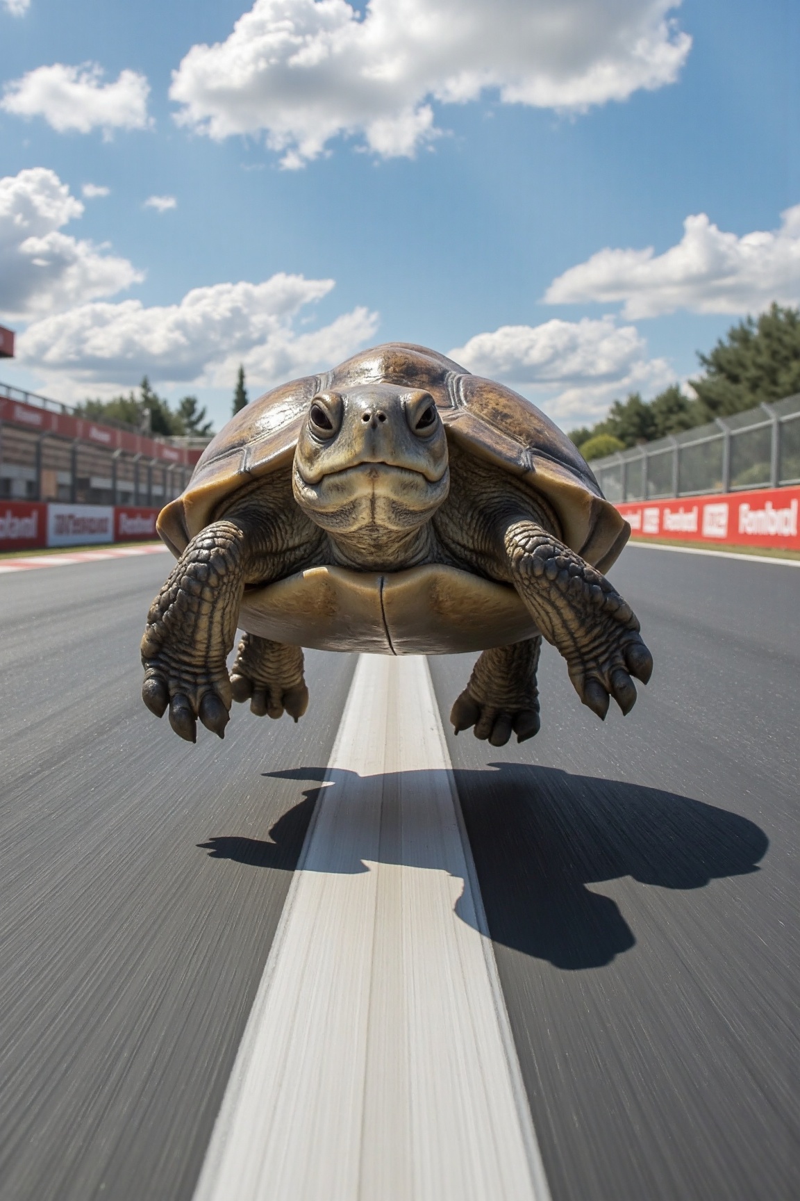 highly detailed and accurate photograph of a galapagos turtle running towards the viewer on a formula 1 race track,  front...