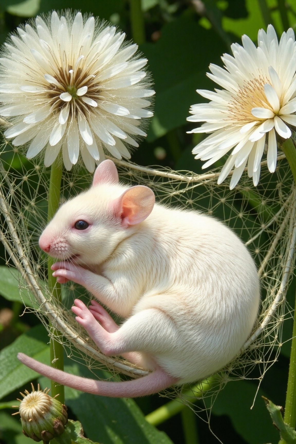 little fluffy white mouse rolling in a spider web hammock between two large fluffy white dandelions,  sunny,  highly detai...