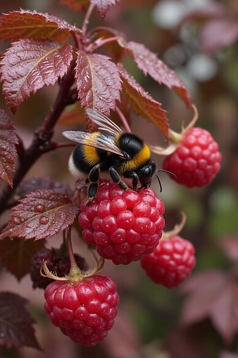 The image depicts a vibrant and detailed scene featuring a bumblebee perched on a ripe raspberry. The bumblebee,  with its...