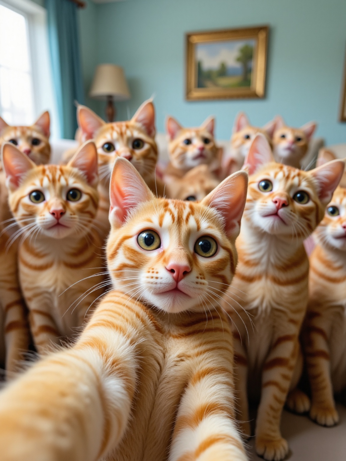 A group of nine curious and expressive orange tabby cats with green eyes,  sitting closely together in a cozy,  well-lit i...
