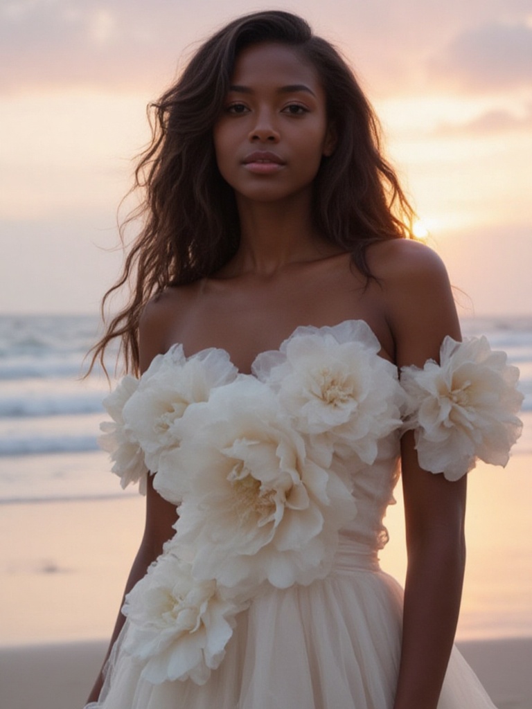 A stunning dark-skinned woman with high cheekbones and full lips,  standing gracefully on a beach at sunset. She wears an...