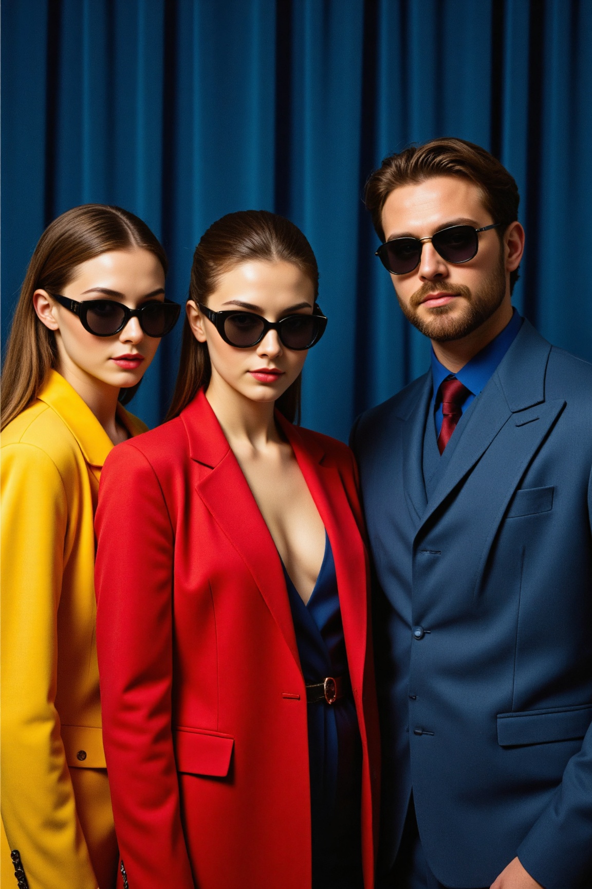 A stylish and fashionable trio poses against a deep blue curtain backdrop,  exuding confidence and elegance. Each individu...
