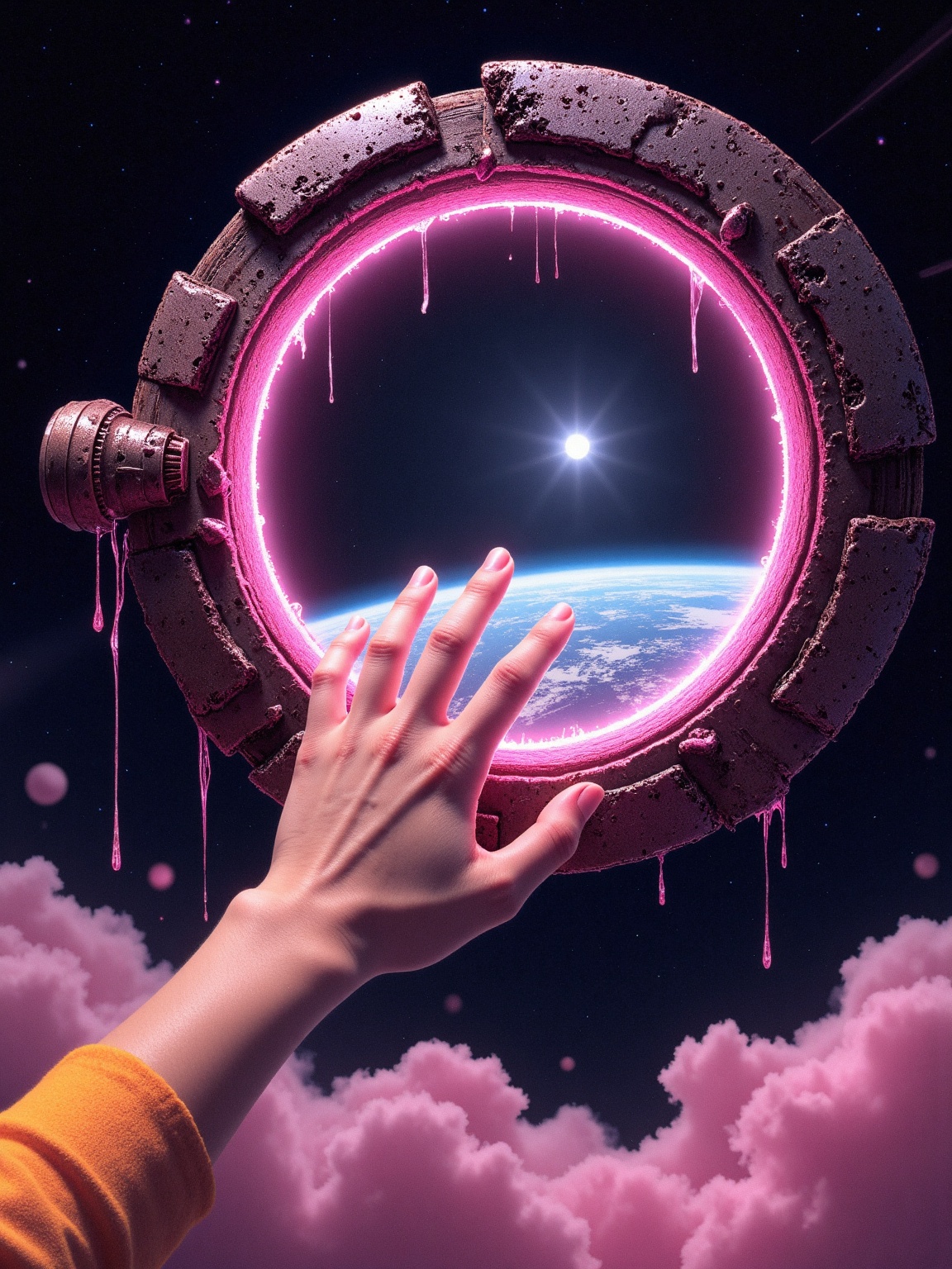 A surreal cosmic scene featuring a human hand with a glowing neon pink and orange hue,  reaching towards a circular,  rust...