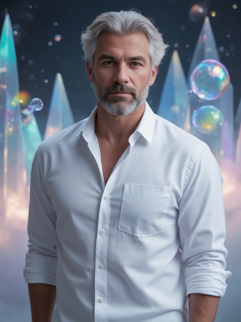 A sophisticated middle-aged man with silver hair and a well-groomed beard,  wearing a crisp white button-up shirt. He stan...
