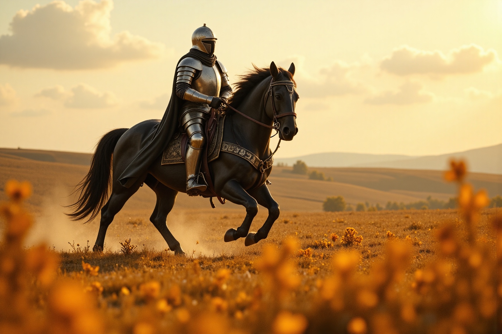 A majestic armored knight riding a powerful black horse through a golden autumn field. The knight is clad in full medieval...