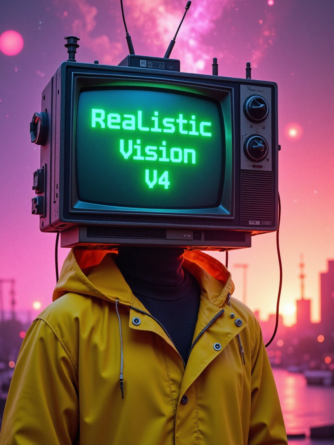 A surreal and dystopian figure with an old vintage CRT television as a head,  displaying the words 'Realistic Vision V4' i...