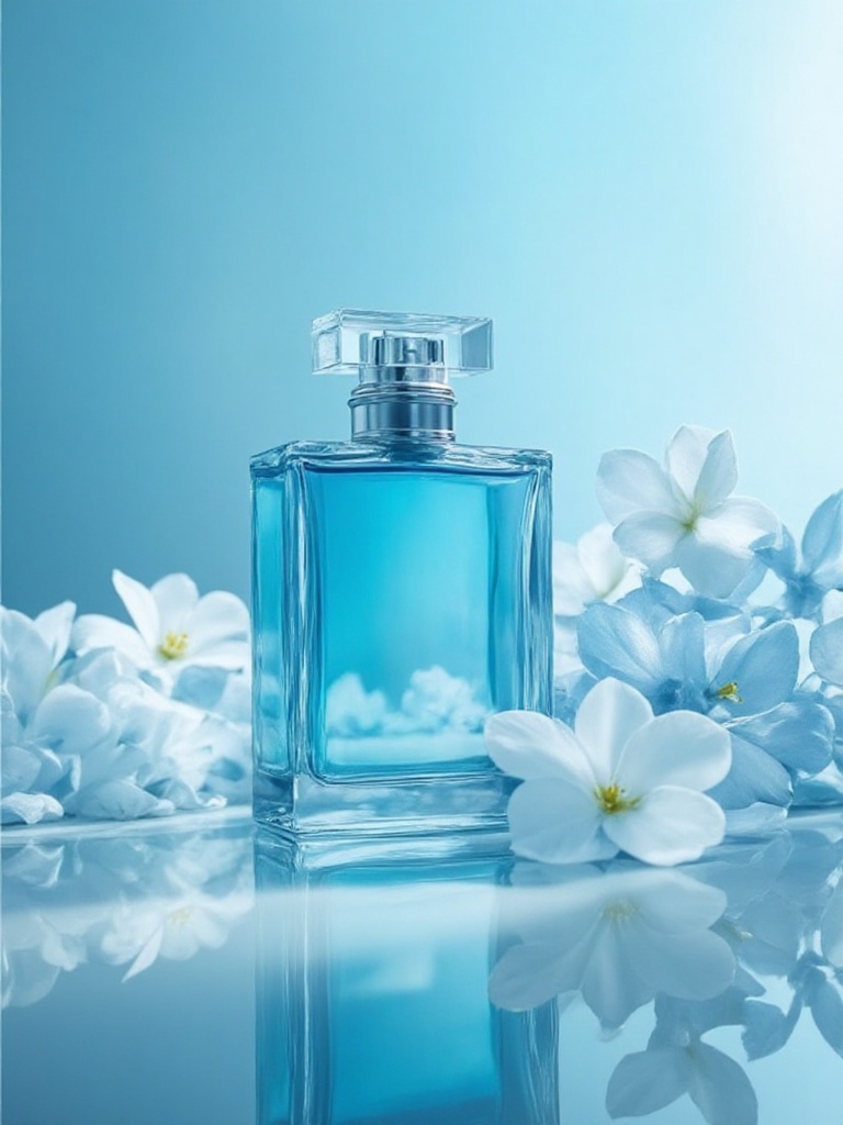 A luxurious,  transparent glass perfume bottle filled with a vibrant blue liquid sits elegantly on a reflective surface. T...