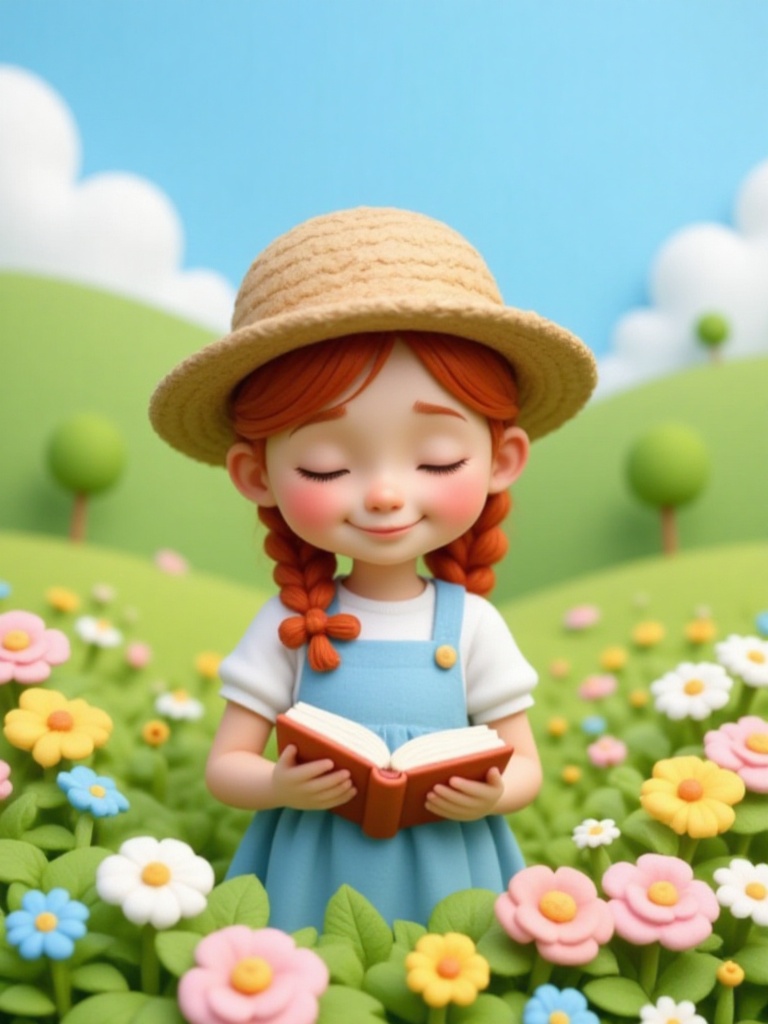 A cute,  3D clay-style illustration of a young girl with red braided hair,  rosy cheeks on Tensor.Art