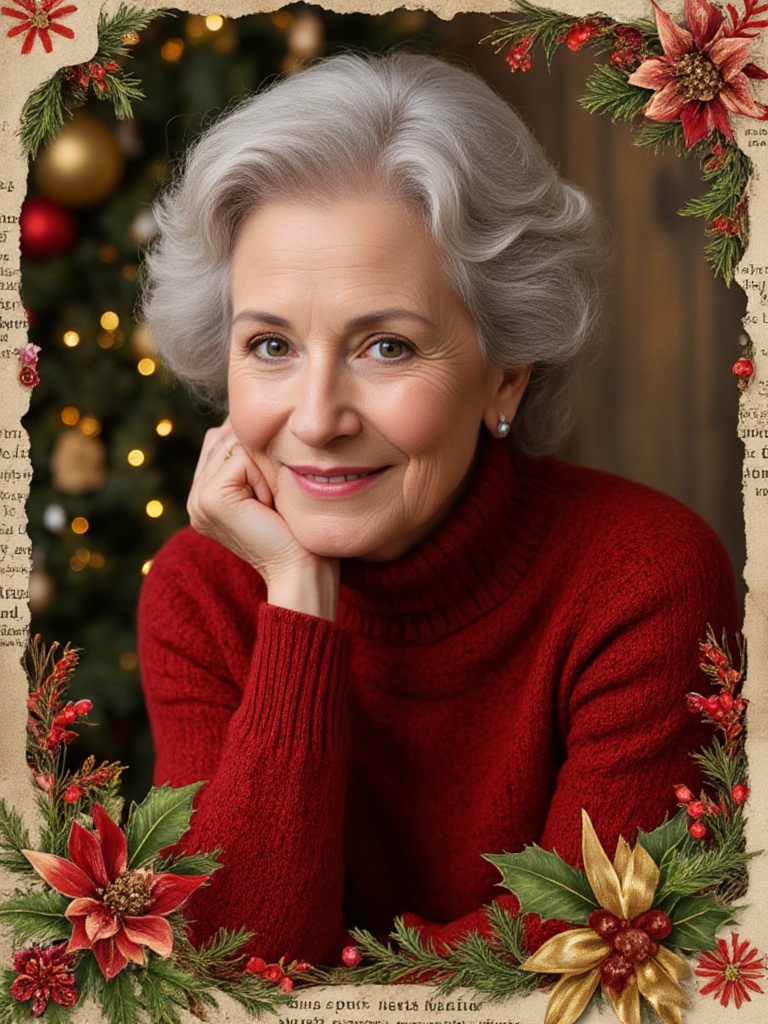 A beautiful elderly woman with silver hair and a warm smile,  wearing a cozy red turtleneck sweater. She poses confidently...