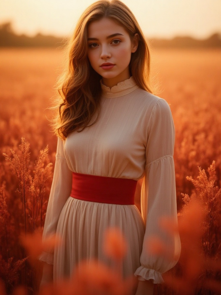 A young woman with delicate features and piercing eyes stands amidst a vast field of tall,  red grass,  bathed in warm on...