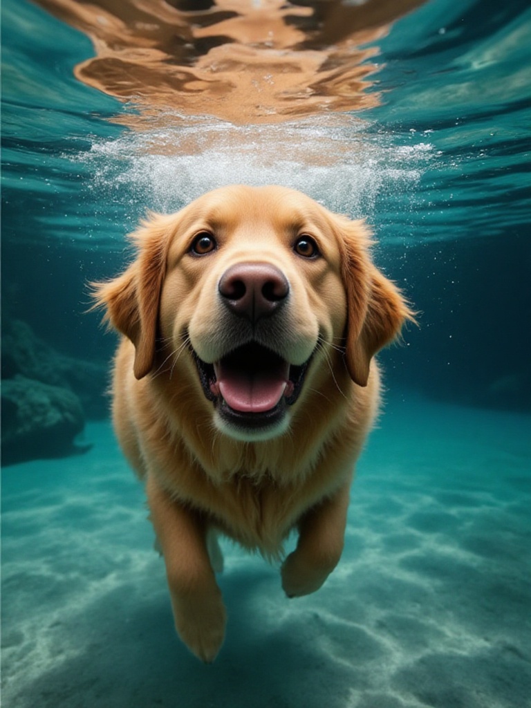 A golden retriever swimming underwater,  captured from a front-facing angle. The dog's face is expressive,  with wide on T...