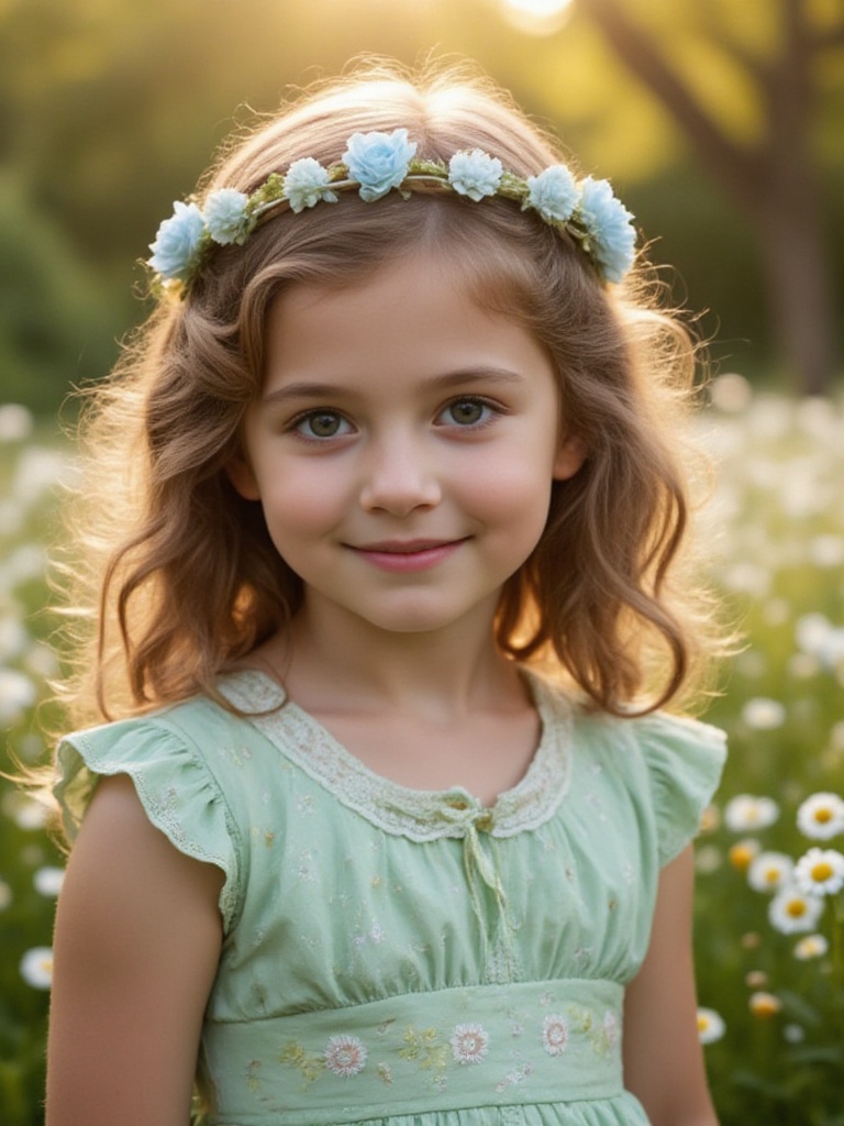 A portrait of a young girl,  captured outdoors during what appears to be the golden hour,  with sunlight filtering through...
