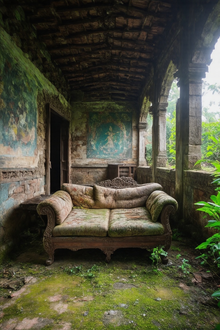 In a dimly lit,  abandoned Thai villa's decaying living room,  a tattered on Tensor.Art