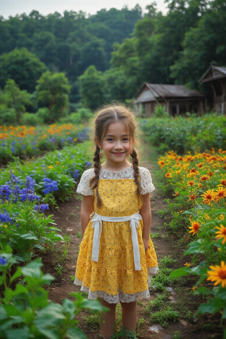 A bright sunny day on a picturesque farm,  where a cheerful young girl with two long braids and a radiant smile stands pro...