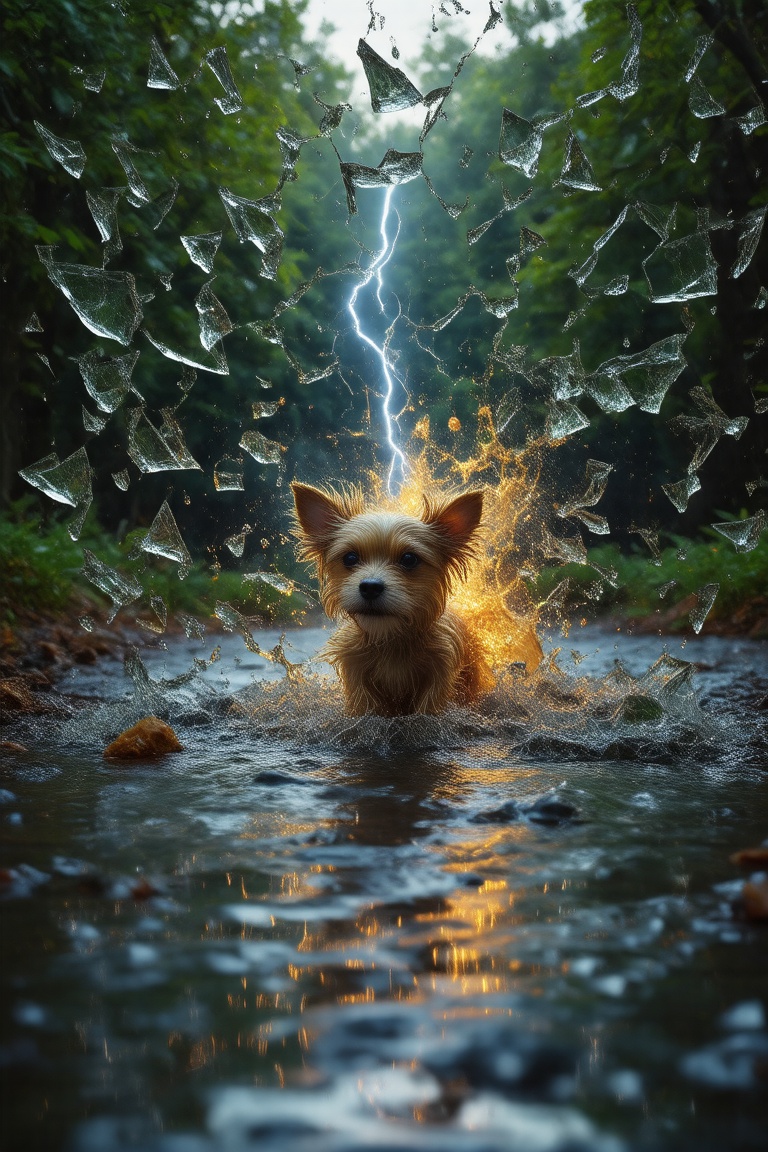 Ultra realistic illustration: Macro view of a stunning water explosion within a shattered glass enclosure. Electrifying en...