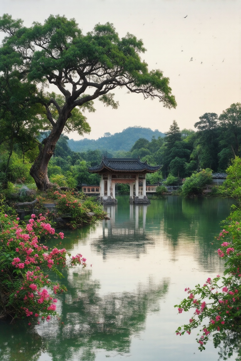 Softly glowing sunset hues cast a serene ambiance on an idyllic scene: a tranquil lake nestled deep within a lush forest....