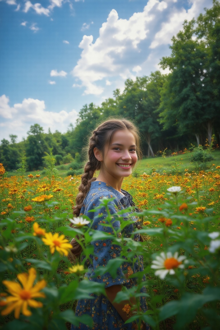 A joyful Disney-inspired farm girl with intricate braids and a radiant smile beams under a bright blue sky. Her cheeks glo...