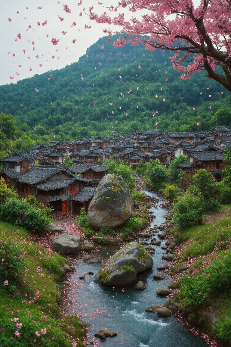 A large rock on a hill overlooking a village,  Cherry blossom petals fall from a tree,  Ultra High Definition on Tensor.Art