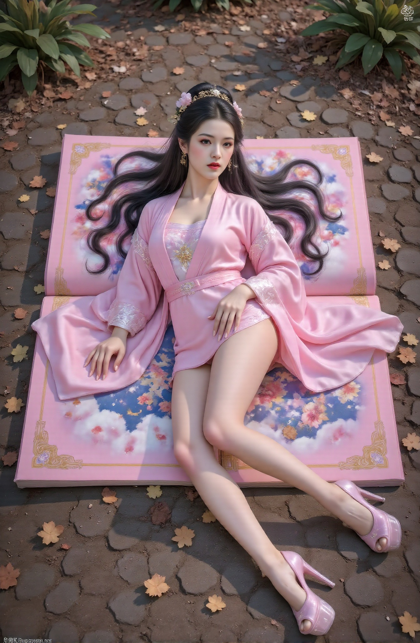 This is a magic book spread out on the ground,  with a beautiful and sexy ancient beauty wearing pink silk Hanfu lying on...
