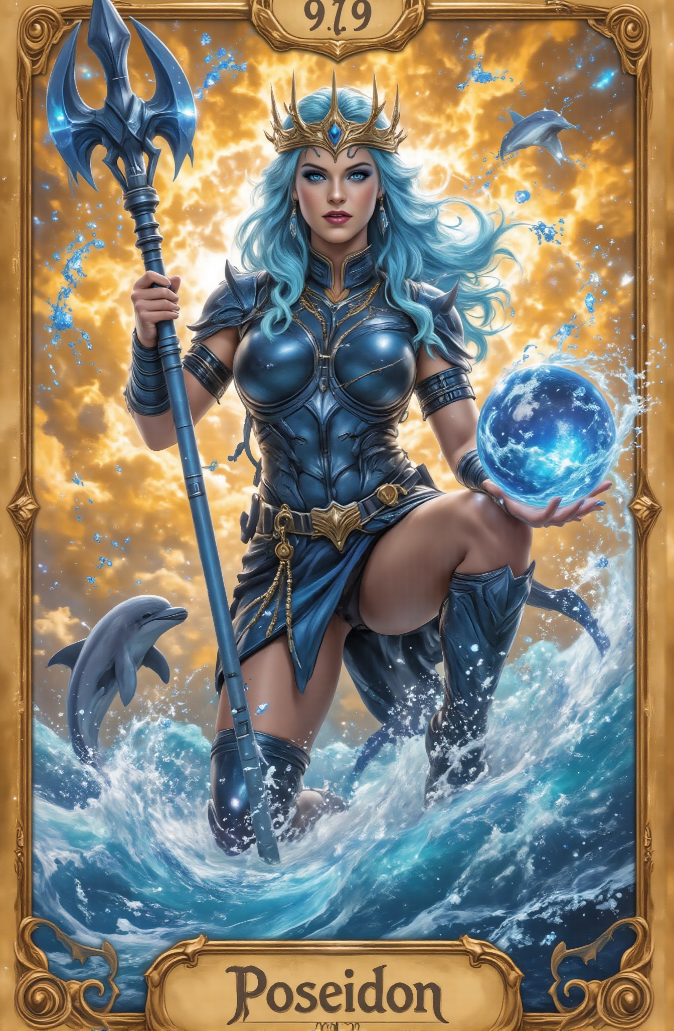 Score_9 is a tarot card that depicts the divine power of Poseidon in Greek mythology. A card named "Poseidon" appears belo...