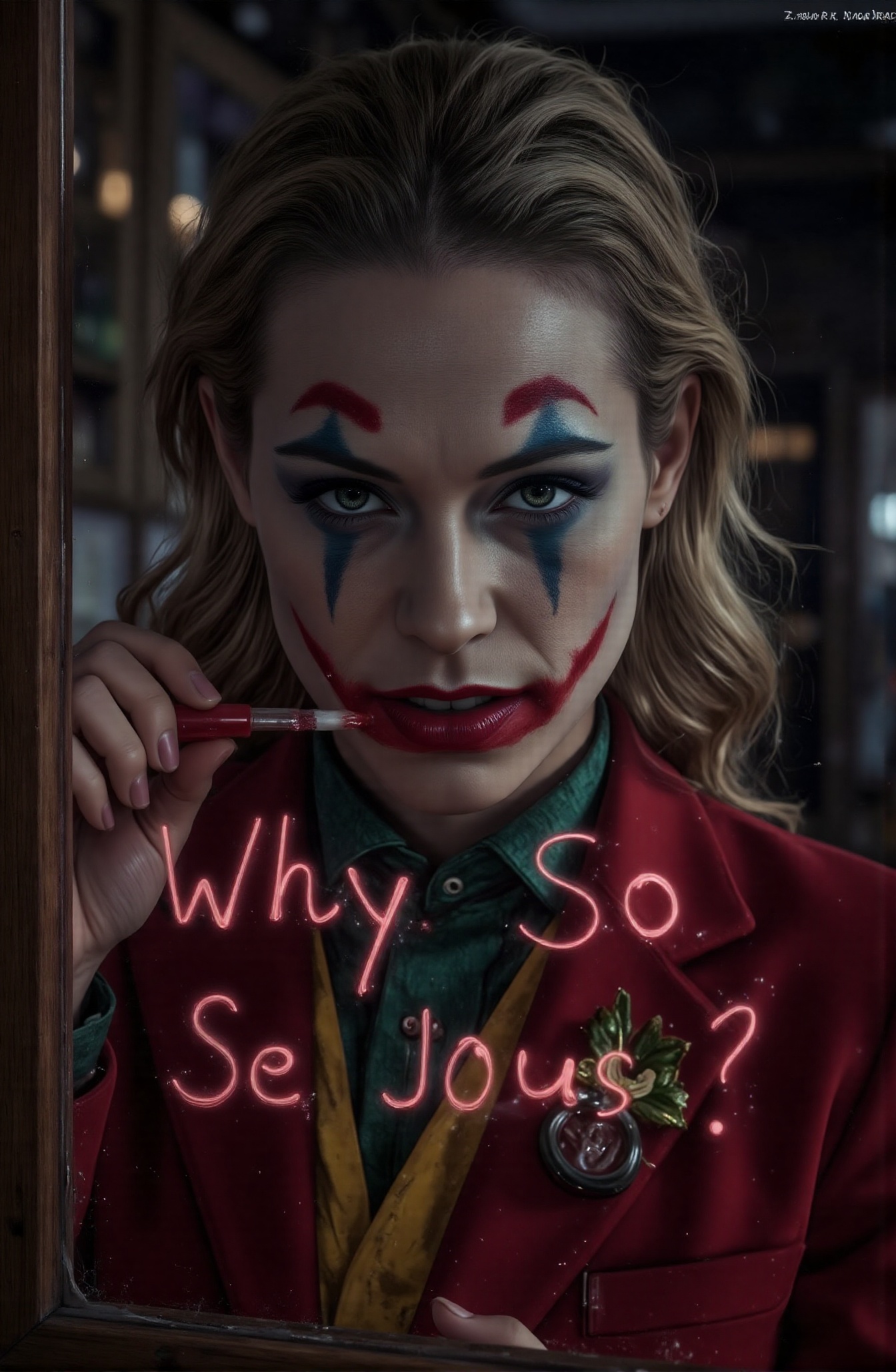 Close-up: The Joker in Gotham City writes "Why So Serious?" on the glass with red lipstick. The picture has a strong contr...