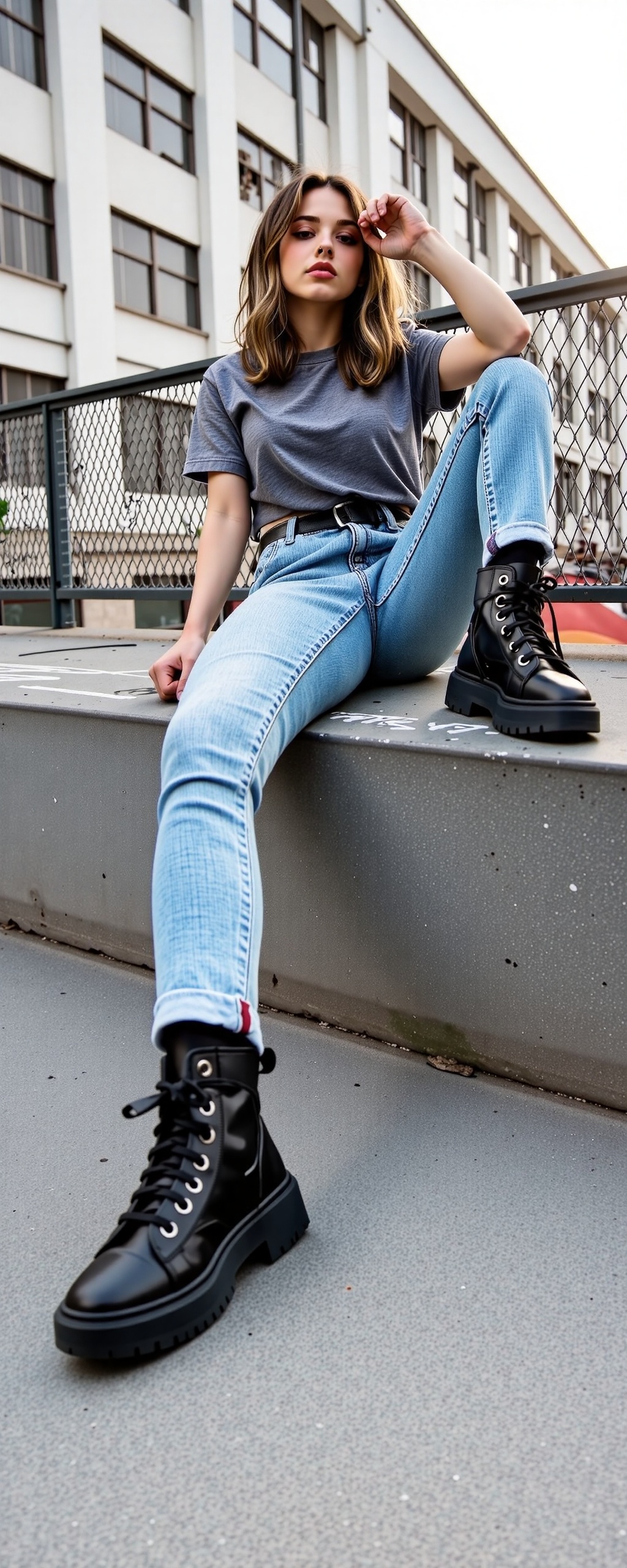 The image depicts a person sitting on a concrete surface outdoors,  with a chain-link fence behind them. The person is wea...