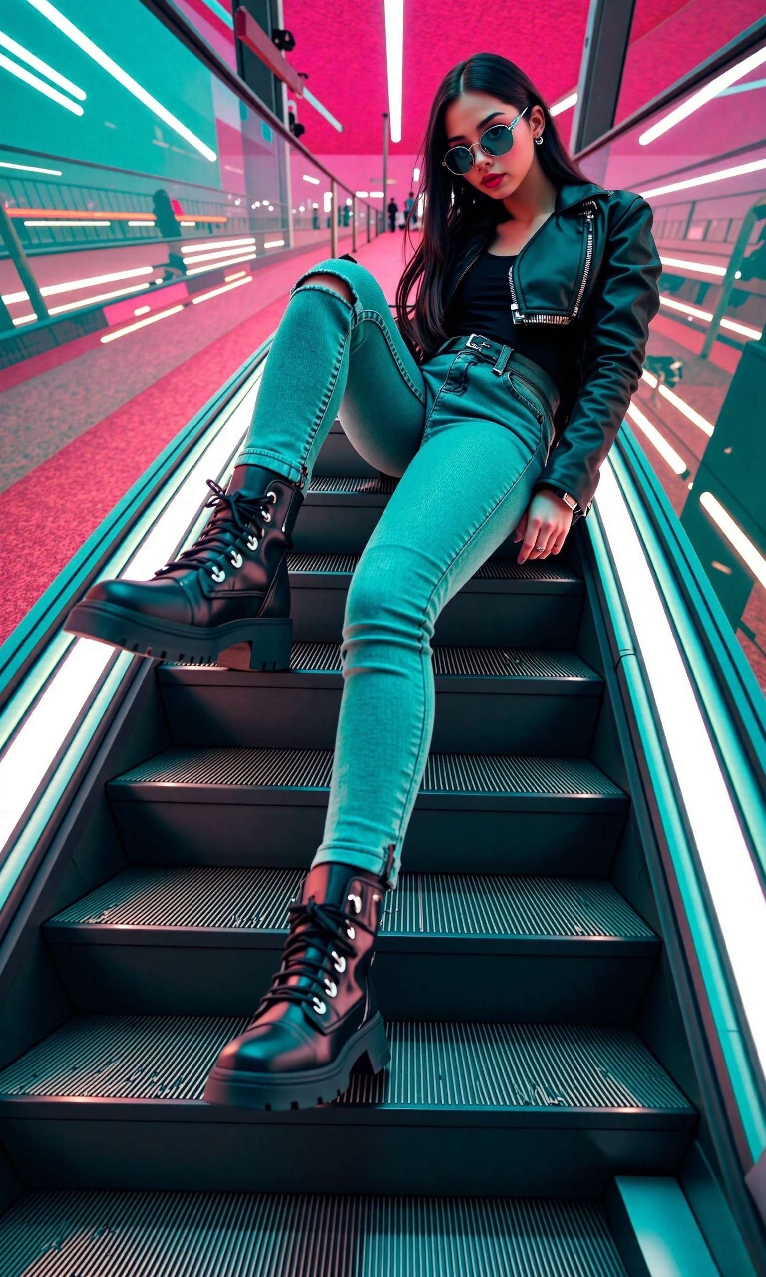 A stylish,  confident woman striking a dynamic pose on a futuristic escalator in an urban cyberpunk setting. She leans bac...