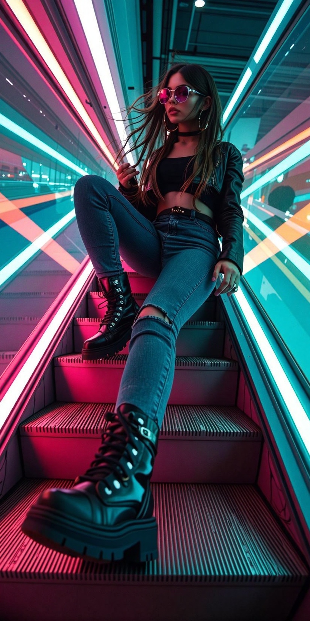 A stylish,  confident woman striking a dynamic pose on a futuristic escalator in an urban cyberpunk setting. She leans bac...