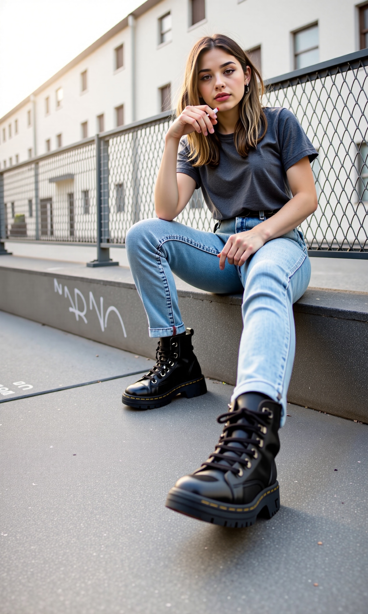 The image depicts a person sitting on a concrete surface outdoors,  with a chain-link fence behind them. The person is wea...