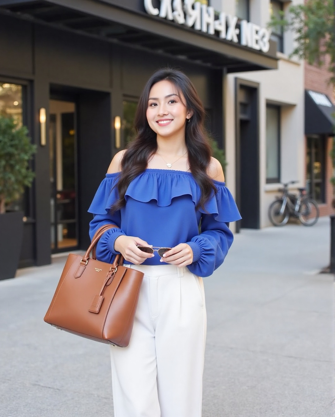 The image shows a young woman standing outdoors in an urban environment. She is wearing a blue off-shoulder top with ruffl...