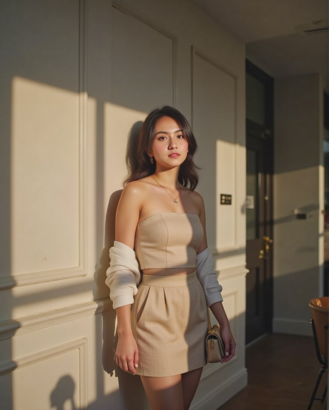 The image shows a young woman standing indoors,  leaning against a wall. She is wearing a strapless dress with a beige and...