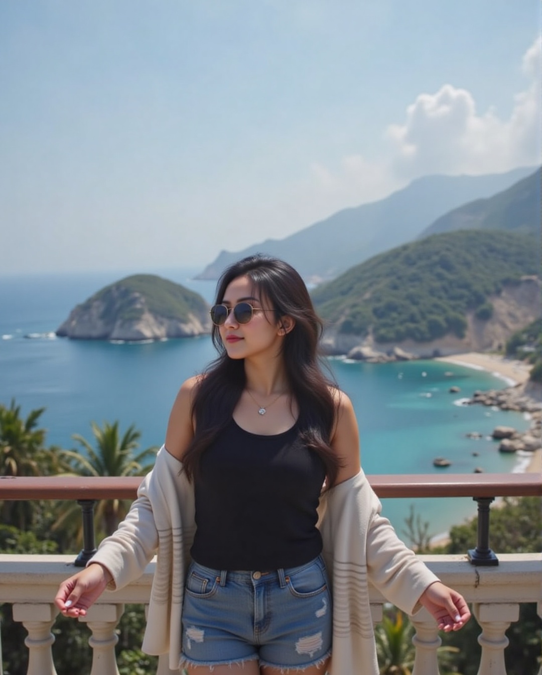 The image shows a young woman standing on a balcony or a similar elevated platform,  overlooking a scenic coastal landscap...