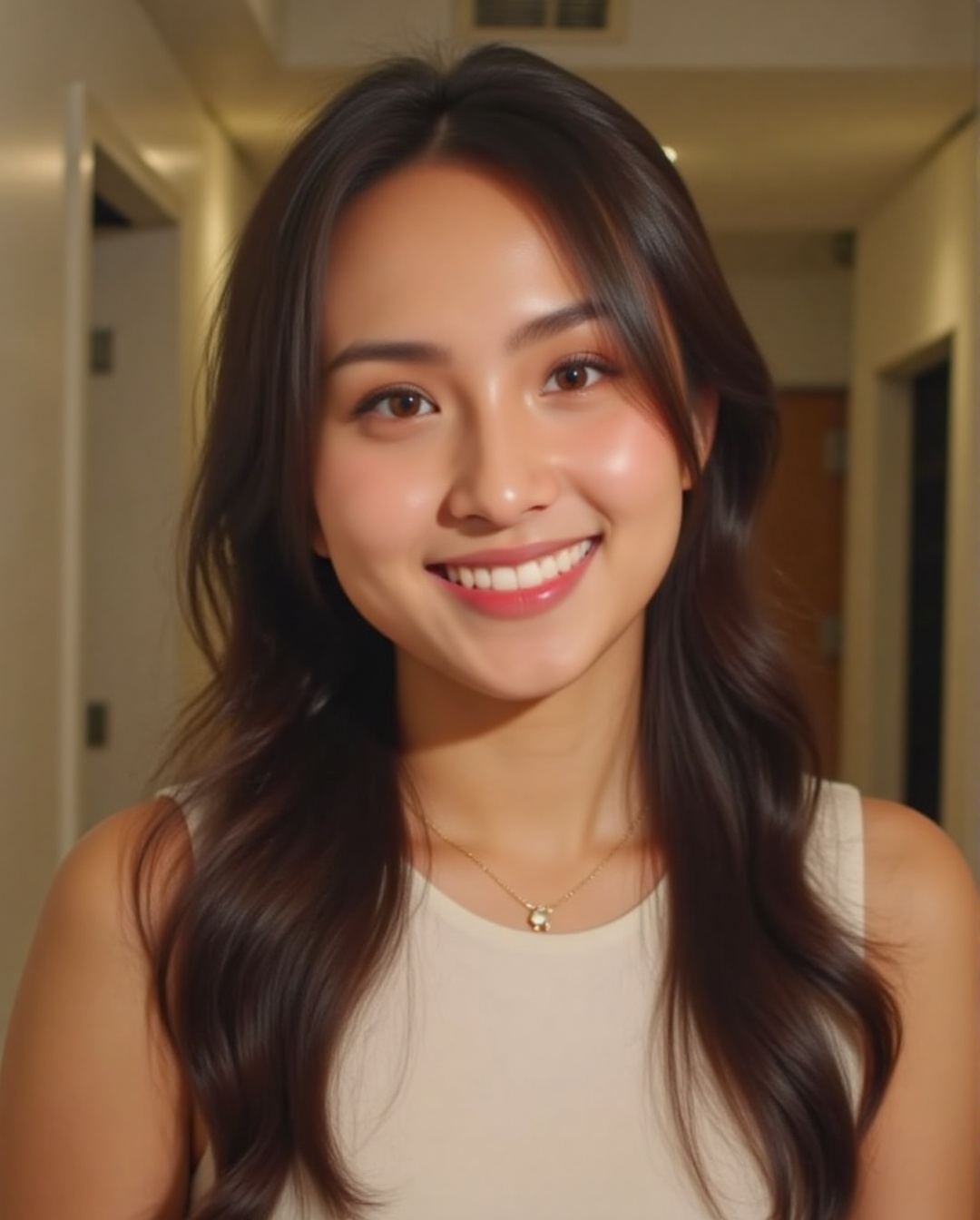 The image shows a young woman with long,  dark hair,  wearing a white sleeveless top. She is smiling and has her tongue sl...