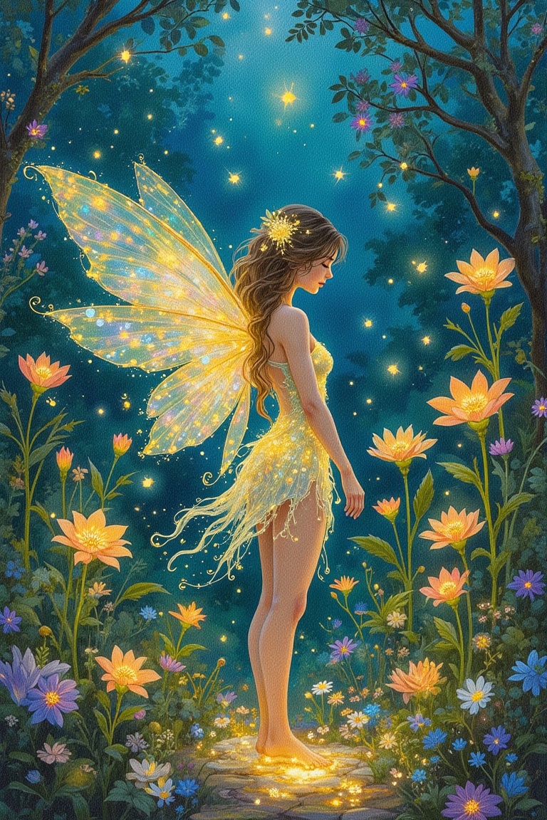 "A dreamlike fairy standing in a magical,  glowing garden,  where flowers emit a soft on Tensor.Art