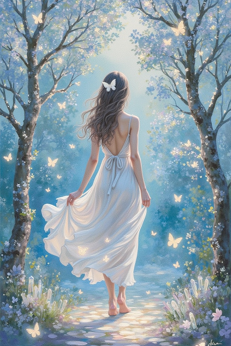 "A graceful girl in a flowing white silk dress,  standing in an enchanted crystal forest where the trees glow with an inne...