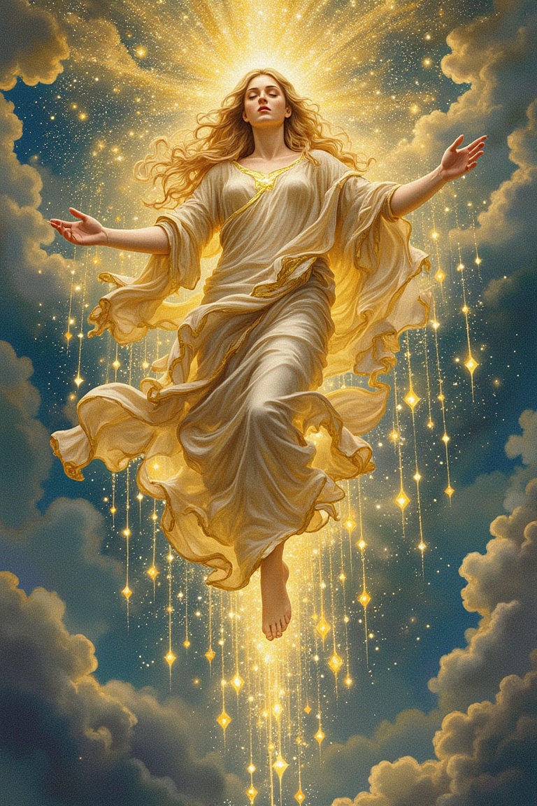 "A celestial goddess descending from the heavens,  surrounded by a cascade of glowing,  diamond-like raindrops. Her golden...