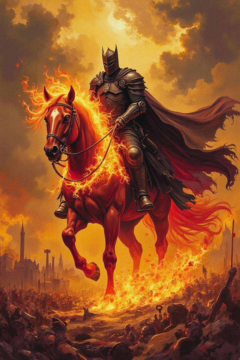 "A dark knight riding a majestic,  fire-breathing steed through a sky ablaze with golden and crimson hues. The knight's ca...