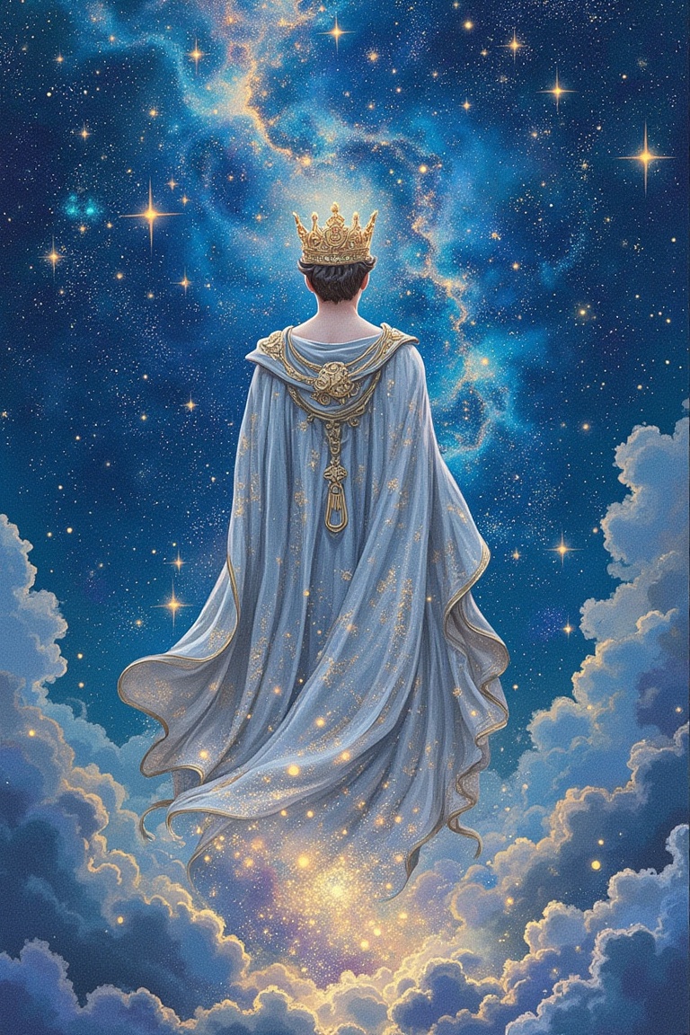 "A celestial prince standing on an endless sea of stars,  his silver cloak flowing like the night sky. He wears a crown ma...