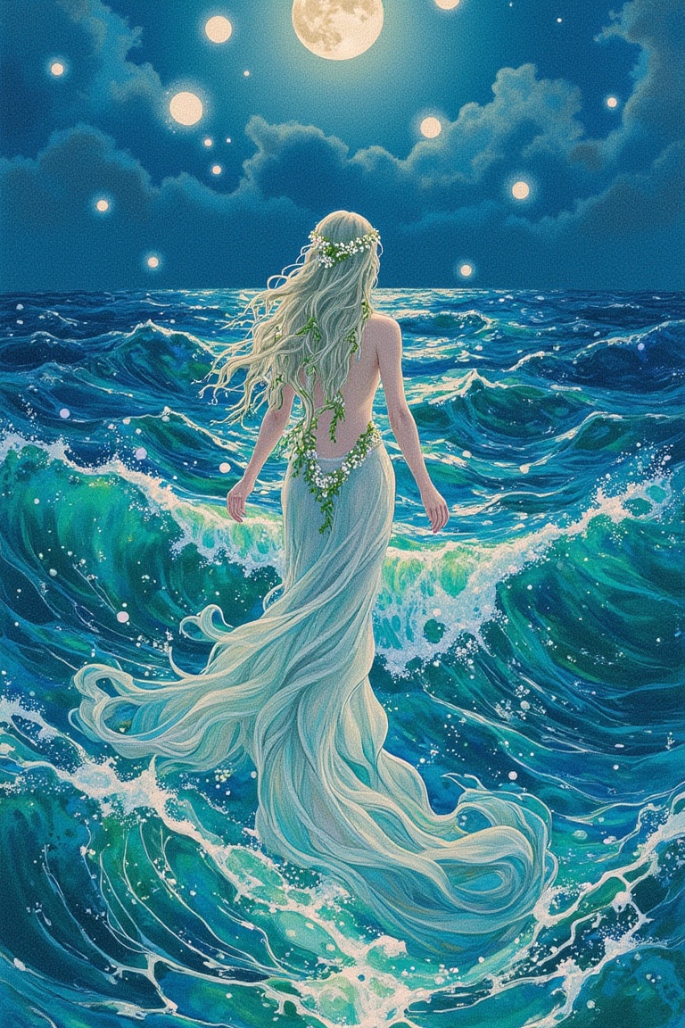 "A serene sea nymph emerging from the ocean at twilight,  her translucent dress blending with the shimmering waves. Her lo...