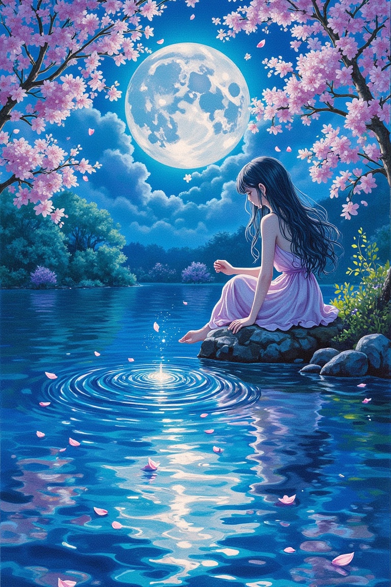"A dreamy girl sitting by a shimmering moonlit lake,  her flowing hair reflecting the silver-blue glow of the full moon. S...