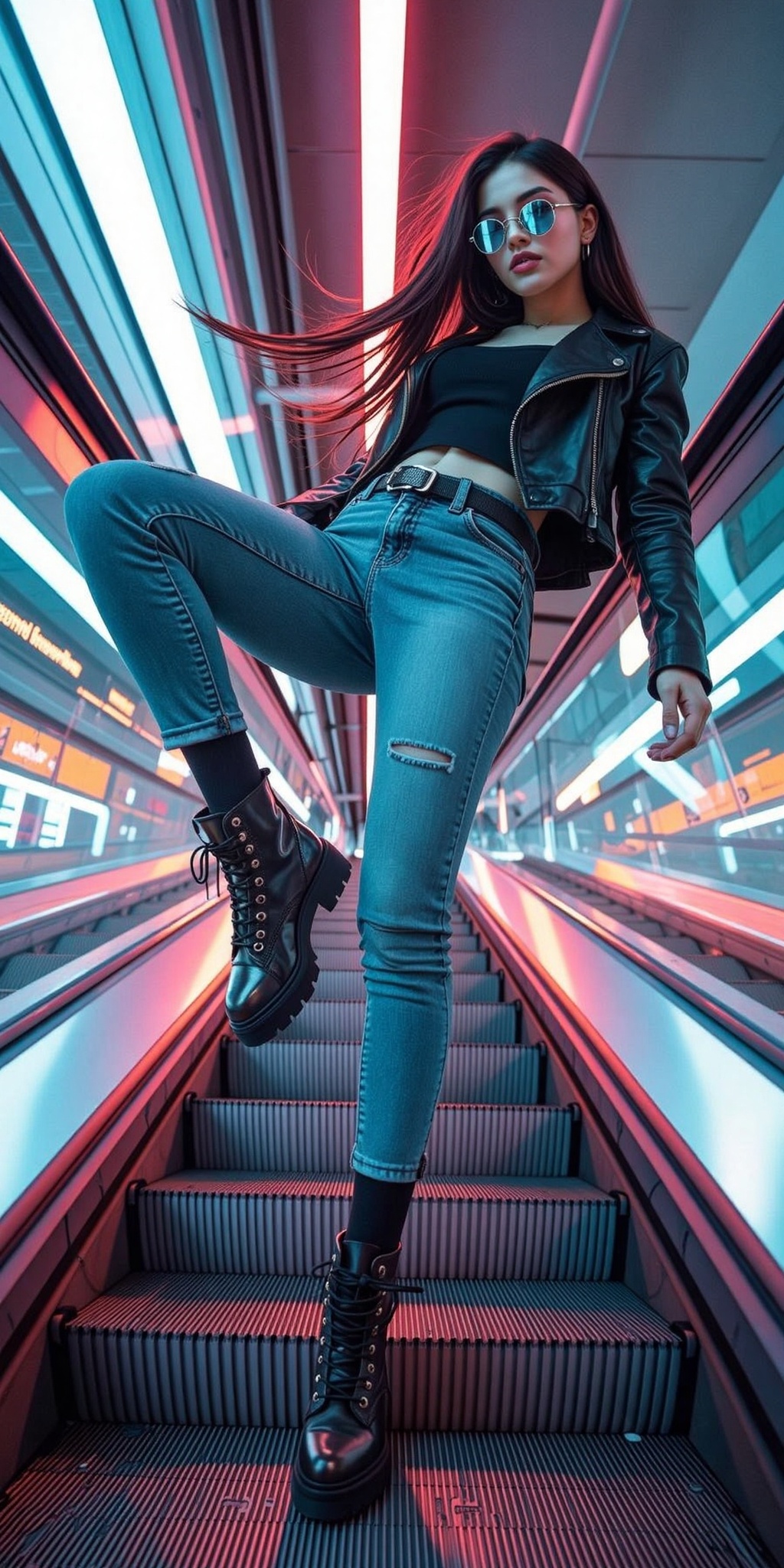 A stylish,  confident woman striking a dynamic pose on a futuristic escalator in an urban cyberpunk setting. She leans bac...