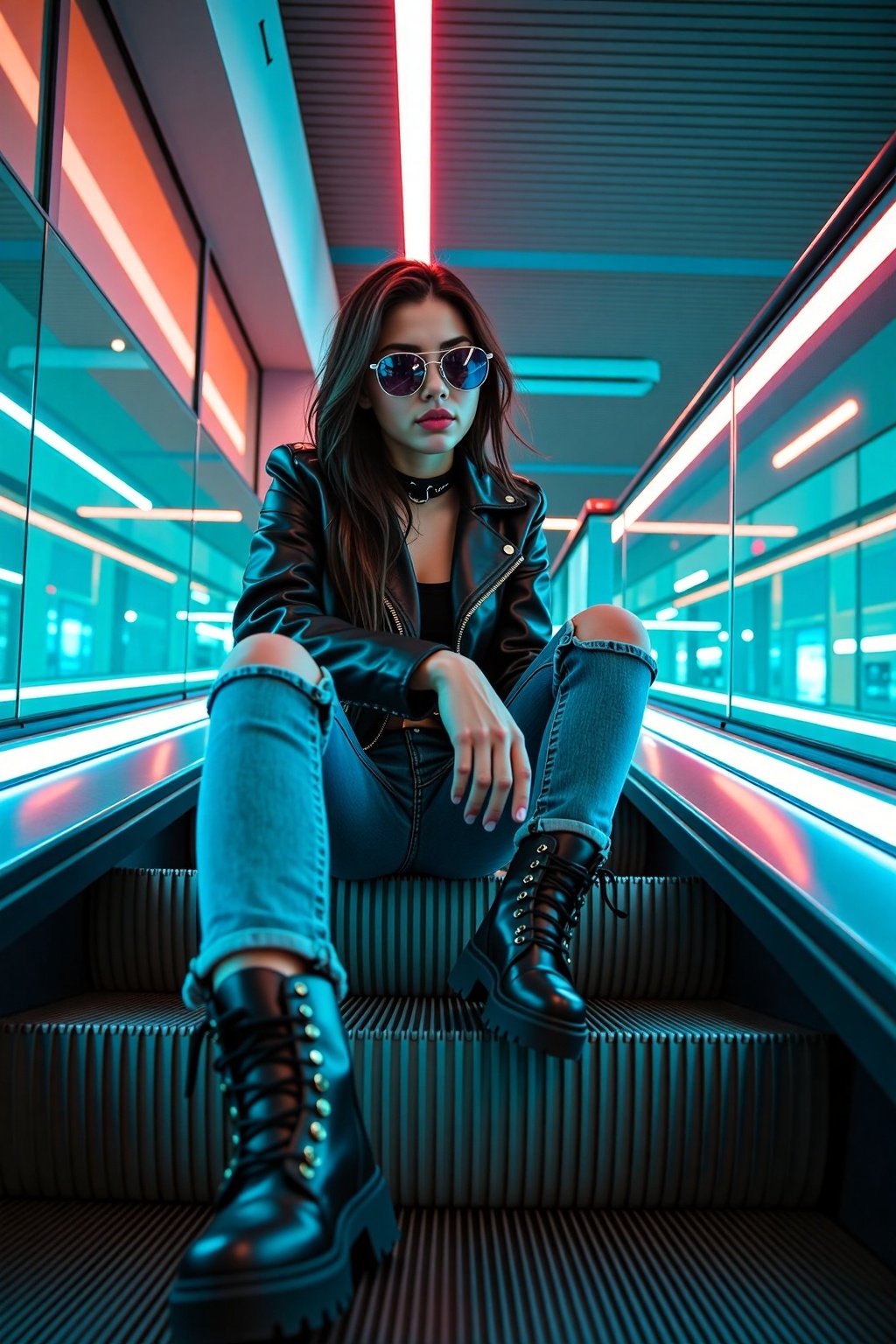 A stylish,  confident woman sitting casually on an escalator in a futuristic urban setting. She wears a black leather jack...