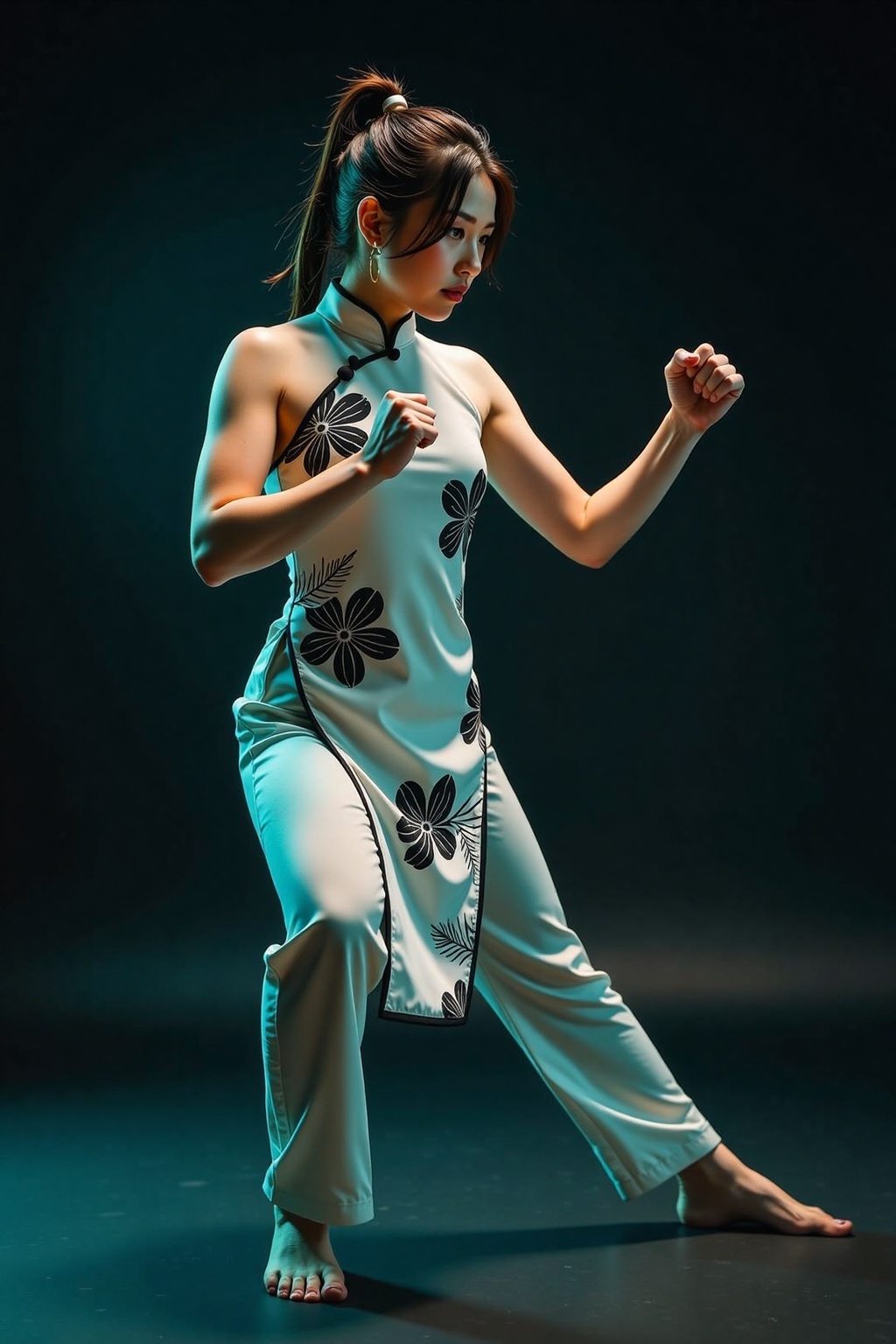 A fierce and elegant female martial artist in a poised combat stance,  wearing a traditional yet modernized white and blac...