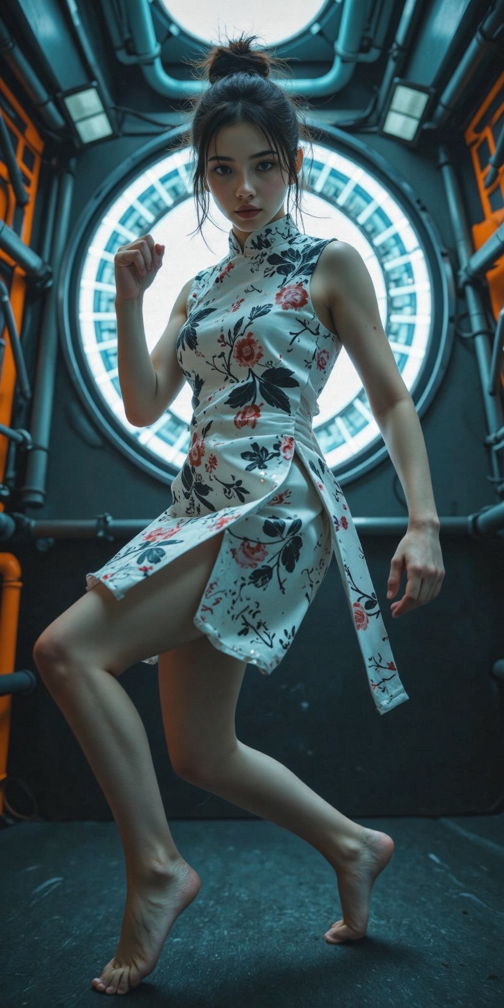 A fierce and elegant female martial artist in a poised combat stance,  wearing a traditional yet modernized white and blac...