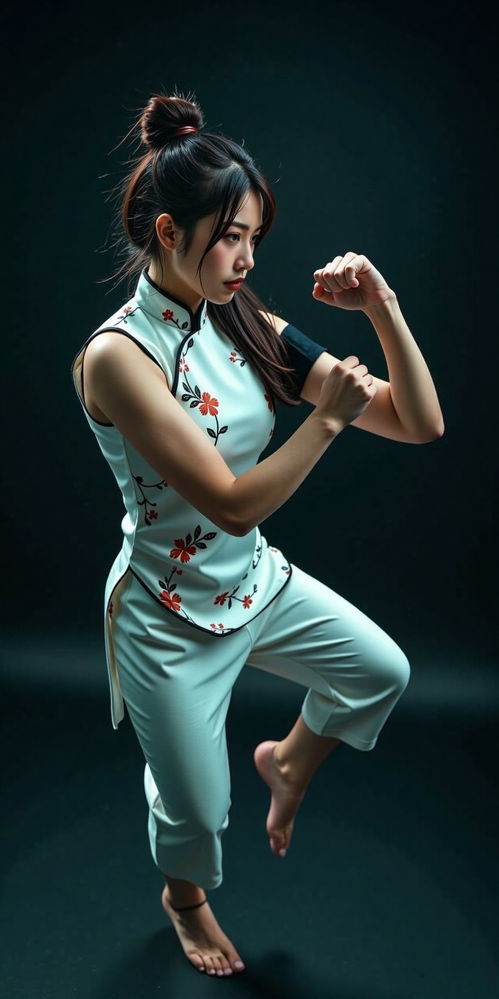 A fierce and elegant female martial artist in a poised combat stance,  wearing a traditional yet modernized white and blac...
