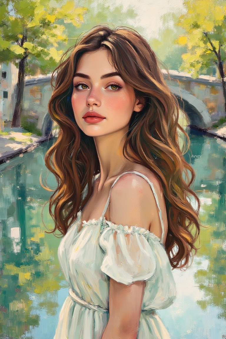 A retro cartoon-style portrait of a woman in Moreparsley art style with brushstrokes painting technique. Framed as a close...