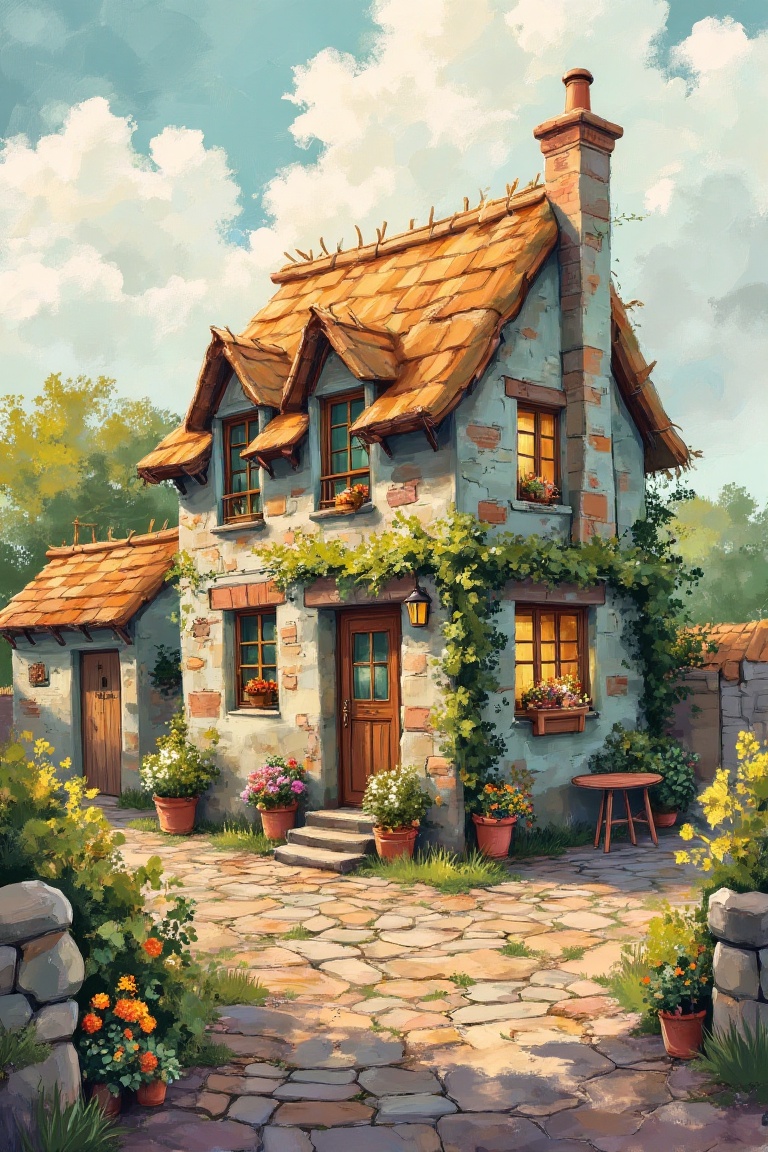 A retro cartoon-style illustration in Moreparsley art style with brushstroke painting technique,  depicting a charming vil...